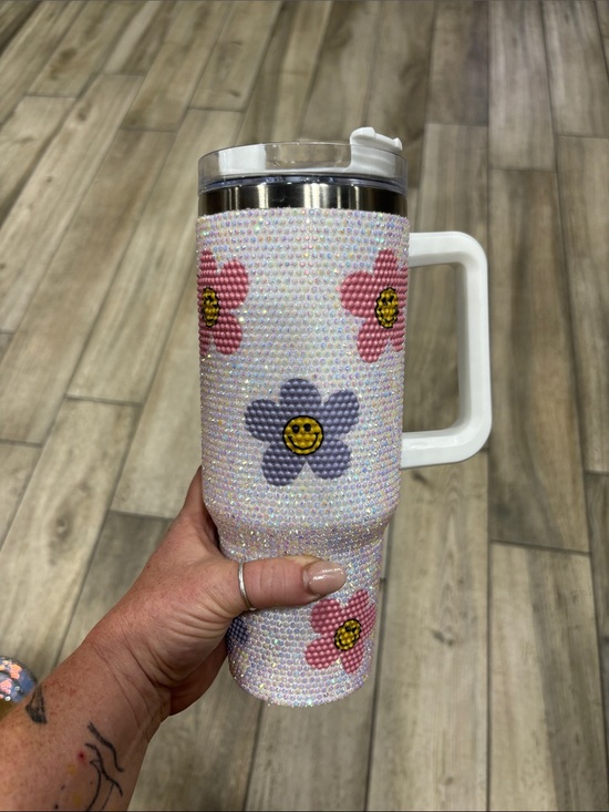 Other - Rhinestone Daisy Travel Tumbler - Pink & Purple Flowers